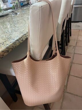 Woven vegan leather Tote Bag in Blush Pink beige tones.